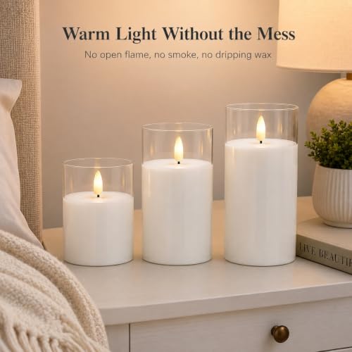 Image of Pure White Glass Flameless Candles with Remote, Set of 3 | Clear Glass, Pure White Wax, 2 /4 /6 /8H Timer, Battery Operated LED Pillar Candles, Wedding Home Decor