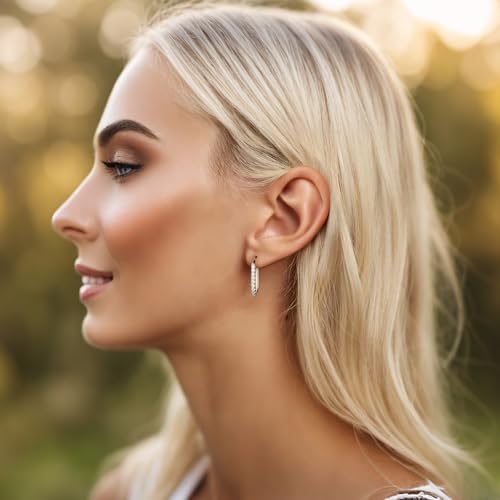 925 Sterling Silver Hypoallergenic Cubic Zirconia Hoop Earrings– Trendy Geometric Minimalist Rectangular Design for Women & Men2