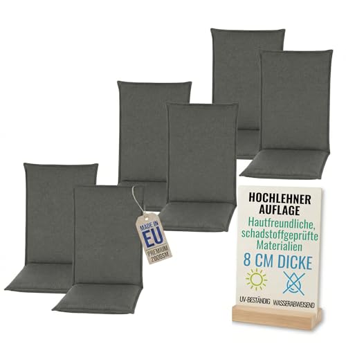 Pillows24 - Hochlehner Auflagen 6er Set - 120x50cm – 8cm Dick - Premium-Material 200gsm, UV- & Wasserabweisend | Sitzauflagen - Sitzkissen Gartenstuhlauflagen - Gartenmöbel & Gartenstuhl | Graphit
