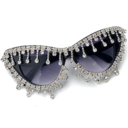 Vintage Cat Eye Tassel Rhinestones Sunglasses Women Crystal Tassels Sun Glasses Unique bling bling Diamond Eyeglasses - Main Image