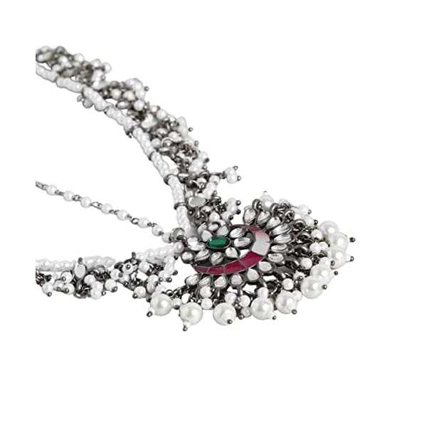 Accessher Traditional Silver Plated Stunning Mirrors and Meenakari Embellished Oxidized Mathapatti/Damini/Sheeshphool with Pearls for Women and Girls Pack of 1 - Image 5