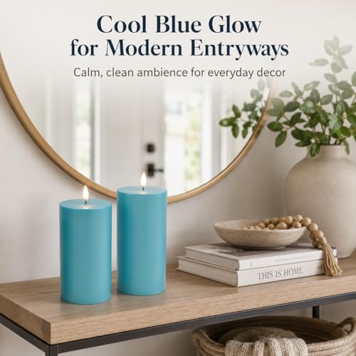 Image of Blue Flameless Pillar Candles, 8 x 3 Inch, Set of 2 | Blue Plastic Pillar Candles, Waterproof, 6 Hour Timer, Indoor Outdoor Decor