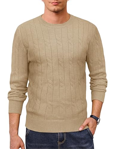Cotrasen Mens Crewneck Sweater Cable Knit Pullover Sweater Textured Long Sleeve Twist Sweaters Winter Fall
