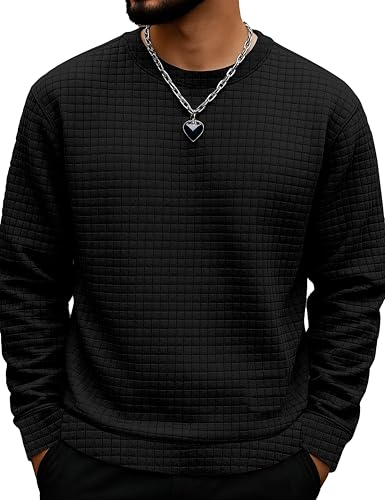 Image of KAJARU Quilted Pattern Long Sleeve Sweatshirt, Round Neck, Men's Casual Pullover, Grey, Black, Beige