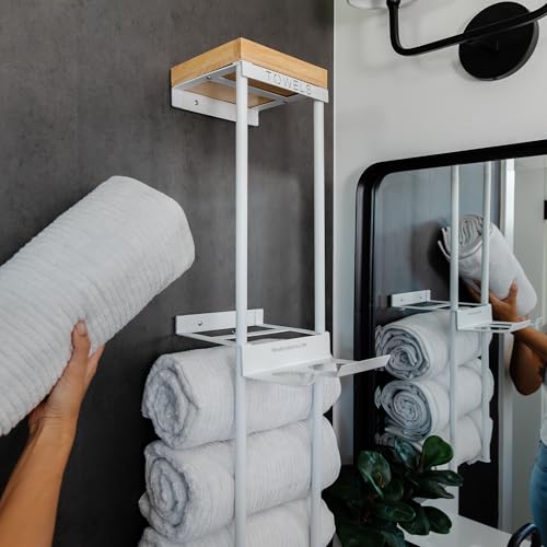 Over The Door/Wall Mounted Towel Rack - Modern Door & Wall Towel Holder for Rolled Towels with Hair Slot Dryer & Multipurpose Cup Holder - Hanging Towel Rack for Bathroom Holds 6 Large Towels - White - Thumbnail 7