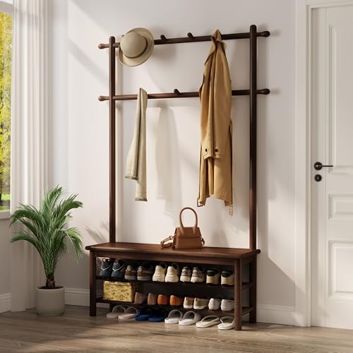 Image of AQIMUELE Hall Tree, Coat Rack with Shoe Storage, Wooden Hall Tree with Bench, 11 Hooks and 2-Tier Storage Shelves, Entryway Bench with Coat Rack (39.3" - Deep Walnut)