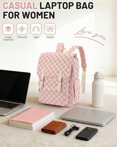 Image of Corduroy Laptop Backpack for Women, Fits 15.6 Inch Computer Bag, College Bookbag Travel Daypack Purse, Work Business Bags - Corduroy Checkered Pink