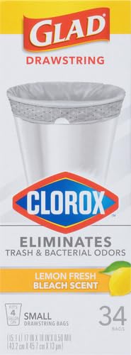 Image of Glad Small Drawstring Trash Bags with Clorox, 4 Gal, Lemon Fresh Bleach, 34 Ct (Package May Vary) (Pack of 6)