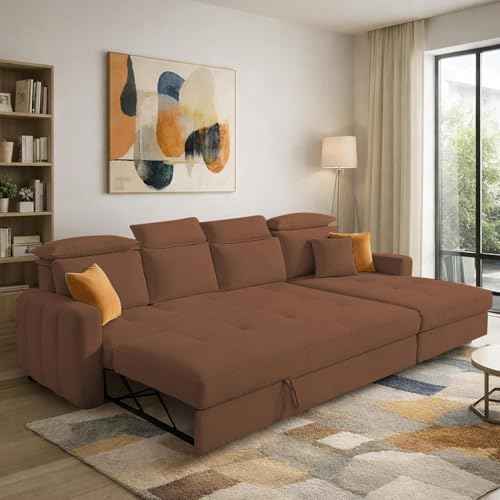 Image of Casaliving Gagnon 6 Seater RHS L Shape Corner Sofa Cum Bed for Living Room Premium Fabric Sofa (Brown) Sofa Set