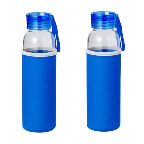 Bidón de Cristal de 500ml pack de 2 azules, Botella de cristal, Bidón de Vidrio, Botella de Vidrio, Hidratate al hacer deporte, no cambia el sabor del agua o zumos gracias al cristal (Azul + Azul, 2)