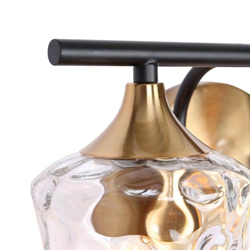 Image of KSANA Bathroom Vanity Lights, 2-Light Black and Electroplated Brass Vanity Light Over Mirror Mid-Century Modern Bathroom Light Fixtures with Textured Glass, 14 inch L x 6.7 inch W x 7.3 inch H