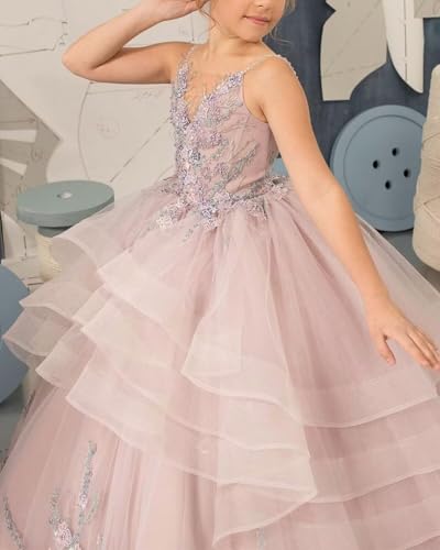 Flower Girl Dress Floral Appliques First Communion Dresses V Neck Princess Pageant Dresses Party Ball Gown3