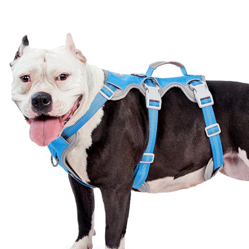 Image of Huntboo Escape Proof Dog Harness, Escape Artist Harness, Reflective Harness with Padded Handle, Breathable, Durable, Adjustable Vest for Medium Dogs Walking, Training, and Running Gear (Blue, XL)