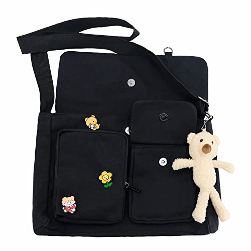 Stylifeo Canvas Crossbody Bag With Kawaii Pins Casual Messenger Bag With Cute Pendant For Girls Women Shoulder Bag  thumb #2