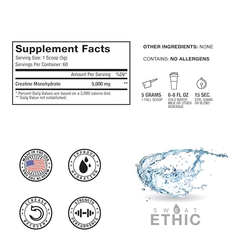 Image of Sweat Ethic Creatine Monohydrate, 5 G Creatine Per Serving, Unflavored, Supports Training & Strength, Easily Mixes with Water or Any Beverage, No Fillers, Workout Supplement for Men & Women, 60 Srvgs