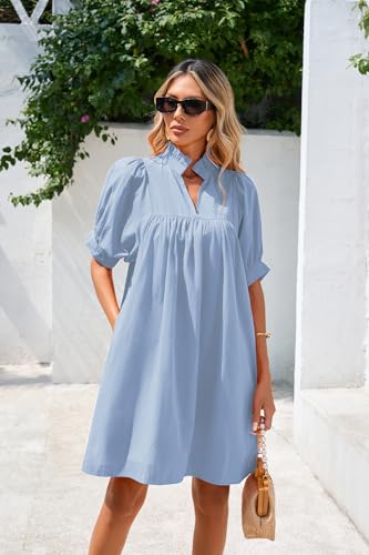 Image of YEXPINE Women's Ruffle Collar High Neck Mini Dress Puff Short Sleeve Cotton Babydoll Peplum Dresses with Pockets