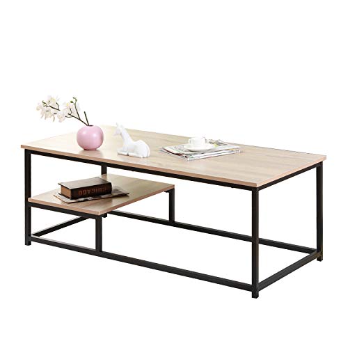 DlandHome Table Basse de Canapé Table de Café 120 * 56cm Meuble TV avec Étagère de Rangement pour Salon, Grain de Bois Gris