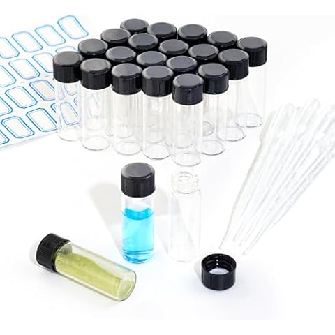 ETTSNU 20PCS 4ml Clear Glass Vials with Screw Caps and PE pad, 1 Dram Small Lab Sample Vials with Lids, Leak-Proof Liquid Storage Empty Vial(with Droppers and Marker Stickers) Cover