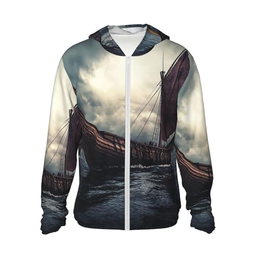 UPF 50+ Sun Protection Hoodie Long Sleeve Vikings Boat Sun Shirt Rash Guard Fishing Shirts for Men