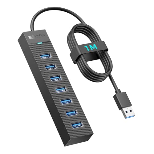 Hub USB de 7 Puertos con Cable de 100 cm, con Puerto de alimentación de 5 V/3 A, concentrador de Datos para portátil, Portátiles, Surface Pro, PS, HDD móvil, cámara y más (sin Fuente de alimentación)