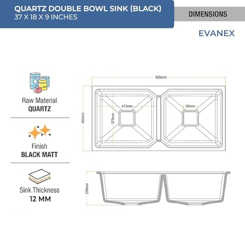 Image of EVANEX Quartz Sink for Kitchen | Double Bowl | Topmount /Undermount Kitchen Sinks | Black Double Sink with Connector, Waste Pipe, Coupling and Drain Basket | 37x18x9 Granite Kitchen Sinks