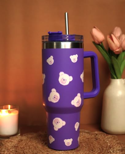 Image of 1200ML Stainless Steel Tumbler Hot and Cold with Handle and Lid and 2 Straws, Double Insulated Cup Leak Proof Mug Cupholder for Gym, Travelling (Dark Purple)