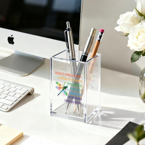 Image of Dragonflies Symbolize Our Ability Acrylic Pen Holder Cosmetic Organizer, Funny Dragonfly Pen Pencil Holders for Desk, Desk Accessories Office Gifts for Dragonfly Lover Teacher Coworker Daughter