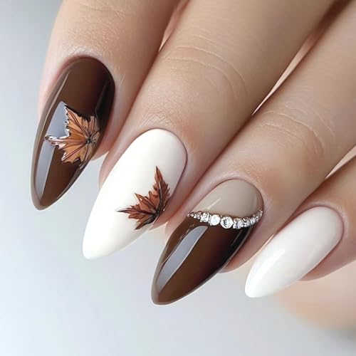 24Pcs Maple Leaf Press on Nails Medium -Length Almond Nail Retro...