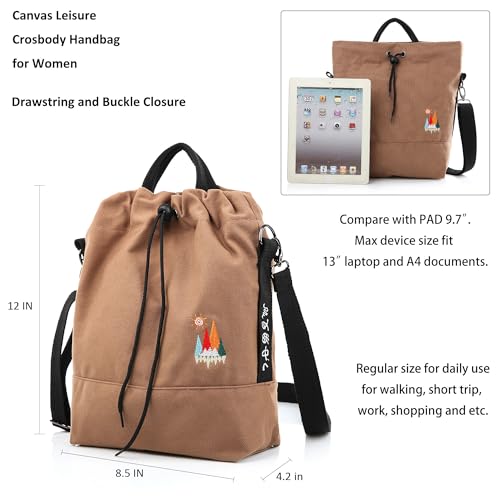 Image of Women Canvas Tote Handbags Casual Shoulder Work Bag Crossbody Bag with Sunshine Embroidery (Brown)