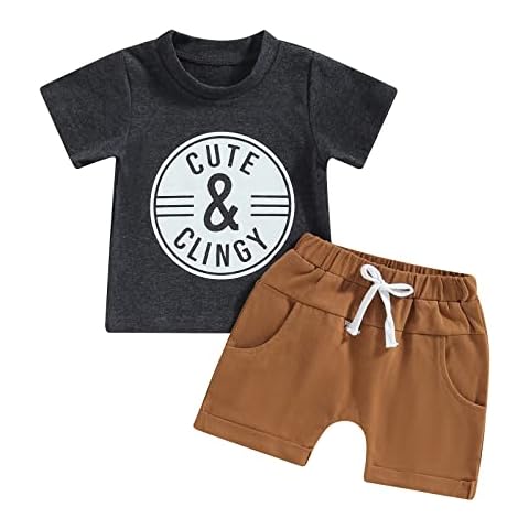 Sejardin Toddler Baby Boy Summer Clothes Cute Letter Print Short Sleeve T Shirt Tops and Drawstring Shorts Playwear Outfits (Dark Gray Cute Clingy, 12-18 Months) Cover