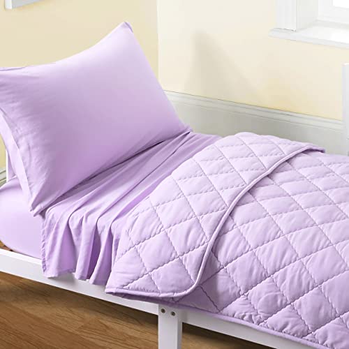 Image of FLXXIE Toddler Bedding Set - 4 Piece Microfiber Crib Sheet Set, Crib Bedding Set Includes Quilted Comforter, Flat Top Sheet, Fitted Sheet, Envelope Pillow Case for Boys and Girls, Light Purple