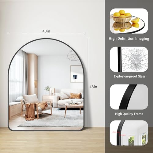 Image of FORBATH Arched Wall Mirror 40 inchx48 inch, Large Arch Bathroom Mirror Black Aluminum Wide Frame for Decor Dresser Mirror for Bedroom Living Room Entryway, Hanging or Leaning Against Wall