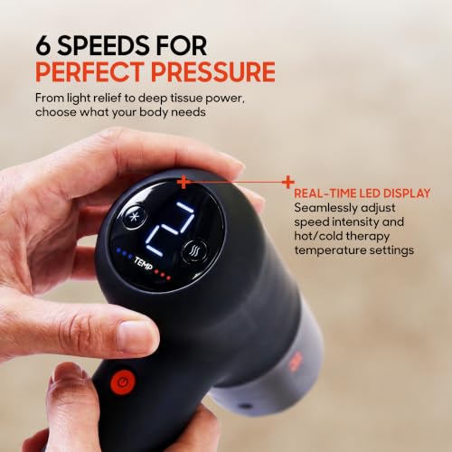 Image of Sharper Image Deep Tissue Percussion Massage Gun, Powerboost Pro+ Hot & Cold Rechargeable Handheld Massager, 6 Adjustable Speeds, 6 Attachment Heads & Carrying Case, Muscle Pain Relief, Black
