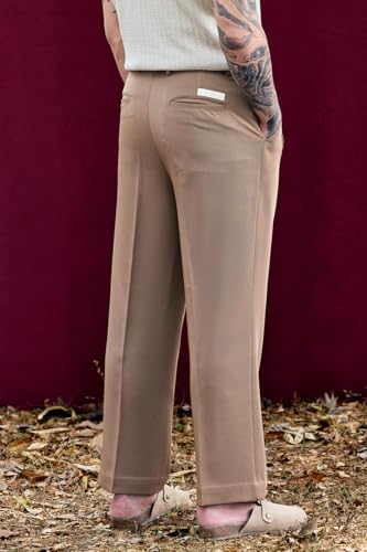 Image of SNITCH Men Bordeaux Trousers | Relaxed Fit High Rise Pleated Front with Turned-Up Cuffs | Smooth Polyester Fabric for Casual & Formal Wear | Summer Style