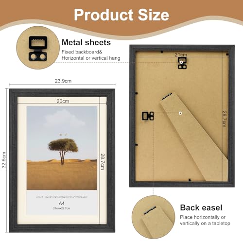 Image of A4 Picture Frame, 3 Pack 100% Solid Wood Photo Frame 8.3x11.7 inch Poster Frames certificate Document Frame with Plexiglass Window,Freestanding and Wall Mountable