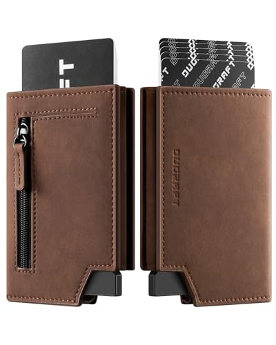 DUGRAFT Bifold Pop Up Wallet for Men, Slim Leather Credit Card Holder with Zipper Minimalist Women Magnetic Cash Coins Pocket Wallets RFID Blocking(Brown)
