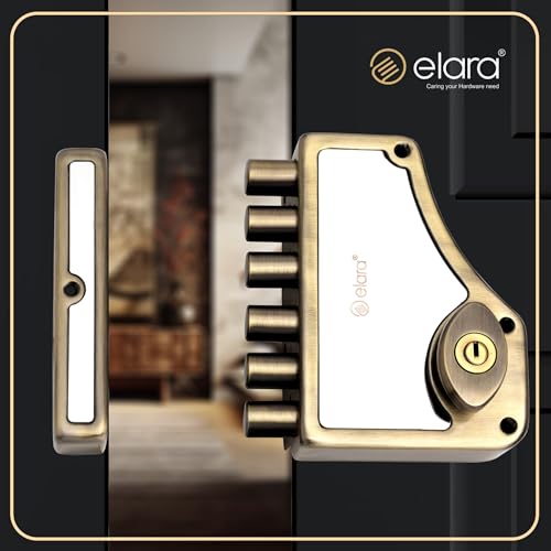 Elara Deadbolt Hexabolt 2CK Door Lock for Main Door, Deadbolt, Rim Latch Inside Opening Door Lock with 4 Reversible Brass Keys (Antique, EDL-02, Hexabolt, Ultra Key)