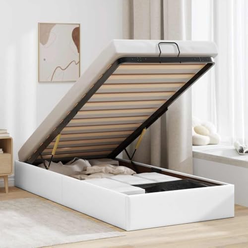 WITREE Cama tapizada 90x200 cm Cama Canape 90x200 cm Cama con canapé abatible hidráulico Cama Juvenil Blanco 90 x 200 cm