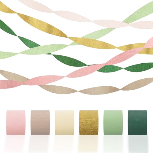 Crepe Paper Streamers Party Decorations - 6 Rolls Grass Green Gold Pink Olive Green Beige Khaki Streamers Crepe Paper Rolls for Birthday Wedding Party