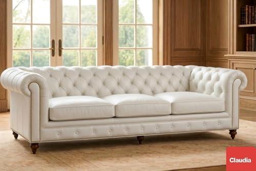 Image of Classic Leatherette Chester Sofa Set Button Tufted, Classic Style Sofa Set 3-Person Sofa for Living Room, Office, and Hallway Colour (White Leatherette, 3+1+1= 5 Seater Sofa)