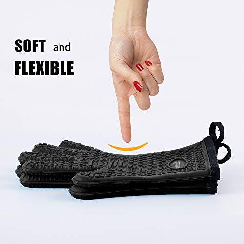 Image of Kitchen Oven Gloves - Dual-Layer Heat Resistant Grilling Gloves, Silicone Oven Mitts with 5 Fingers, Waterproof Non-Slip Pot Holder for Barbecue, Cooking, Baking (XL-XXXL, Black)