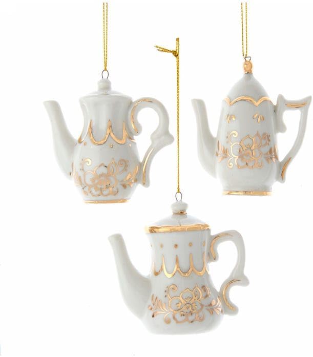 Adornos de tetera blanca y dorada, 3 surtidos