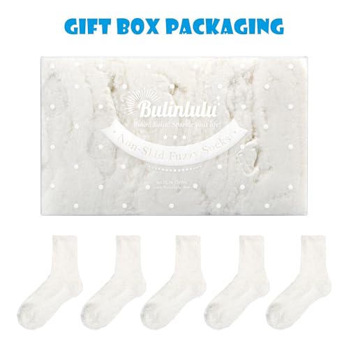 Image of Bulinlulu Fuzzy Socks With Grips for Women, 5 Pairs Non Slip Sleep Warm Fluffy Slipper Socks Gifts for Women