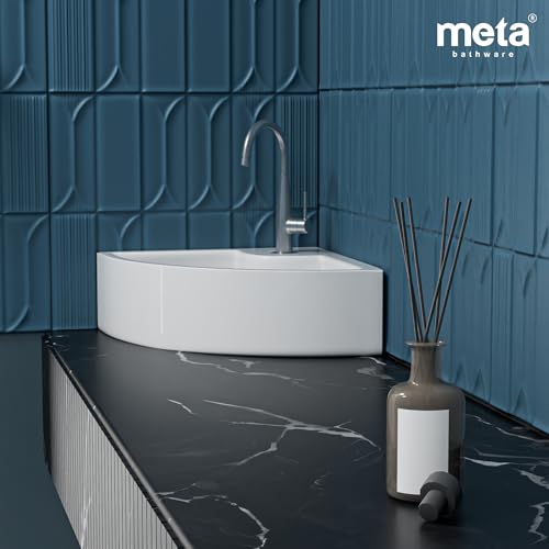 Image of Meta Bathware Premium Corner Wash Basin | Wall Mount And Table Top Ceramic Sink for Bathroom | Scratch Resistant & Easy Clean | Elegant White Glossy Finish (16.5x15x5 Inch)