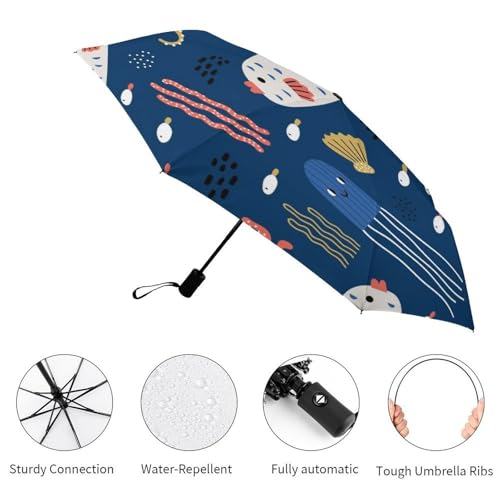 Parapluie automatique compact à ouverture rapide et motifs poissons colorés