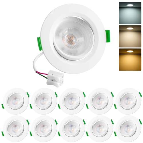 Vlio Spot LED Encastrable Orientable, 5W Spots de Plafond IP44 Etanche, 3000K 4000K 6000K Réglable, Lot de 10 Spot Led Extra Plat pour Salle de Bain Cuisine Salon Couloir, Trou Φ75-85mm