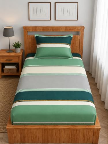 Image of Room Single Bedsheet with 1 Pillow Cover, Single Bed, Printed- 60 x 90 Inches (Green)