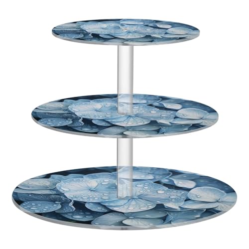 OTVEE 3 Tier Cupcake Stand Blue Hydrangea Flowers with Dew Drops Acrylic Tiered Serving Cake Stand Dessert Tower Tray for Tea Party Wedding and Birthday