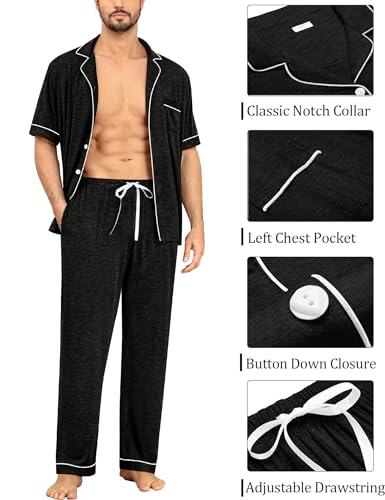 SWOMOG Men Pajamas Set Two Pieces Short Sleeve Sleepwear Button Down Loungewear Set Soft Modal Pj Set with Pockets3