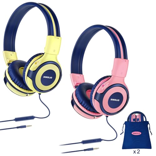 2 Pack of SIMOLIO Kids Headphone with 75dB, 85dB, 94dB Volume Limited, Durable & Foldable Headphones with Mic for Kids, On-Ear Children Headphones with Storage Bag for Travel,School Daily(Pink,Yellow)